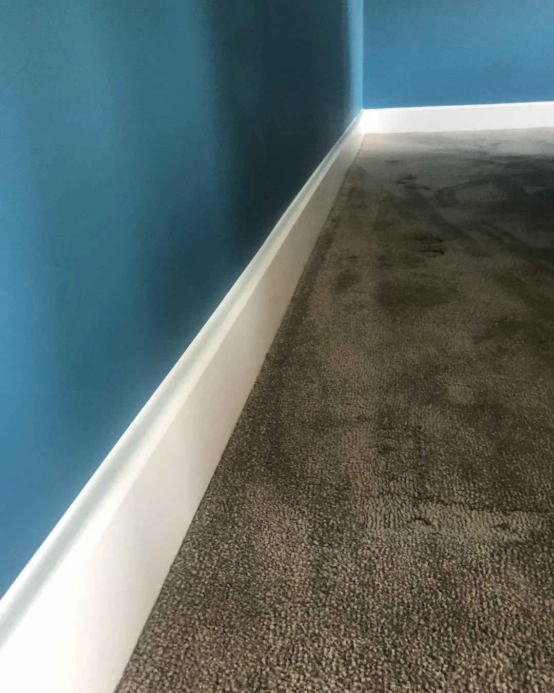Teal bedroom wall to white skirting detail
