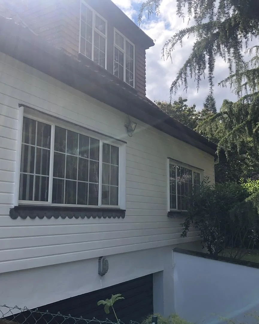 Exterior house rear white weatherboard