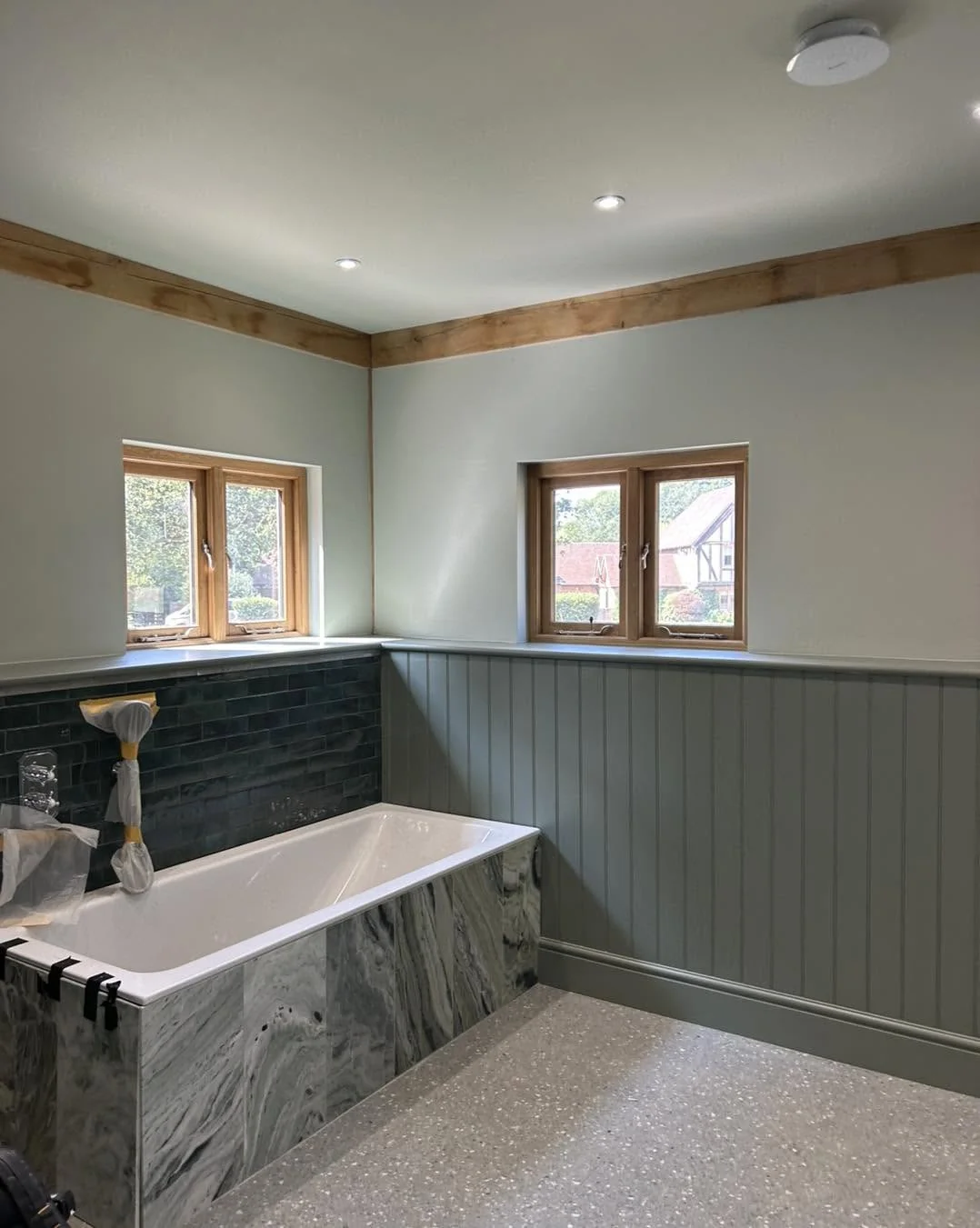 Oak frame barn bathroom painted boarding